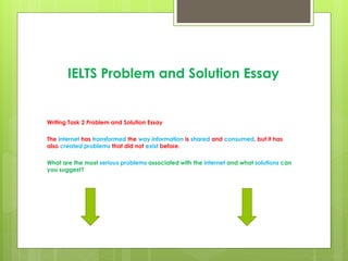 IELTS Problem and Solution Essay 
Writing Task 2 Problem and Solution Essay 
The internet has transformed the way information is shared and consumed, but it has 
also created problems that did not exist before. 
What are the most serious problems associated with the internet and what solutions can 
you suggest? 
 