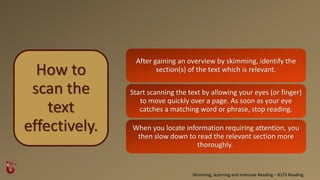 IELTS Reading - Skimming, Scanning and Intensive Reading | PPTX