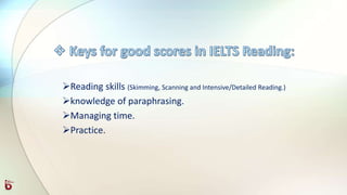 Reading skills (Skimming, Scanning and Intensive/Detailed Reading.)
knowledge of paraphrasing.
Managing time.
Practice.
 