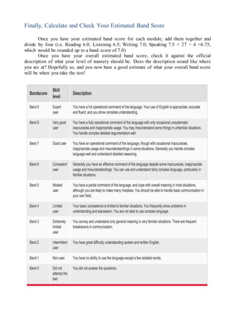 Finally, Calculate and Check Your Estimated Band Score
Once you have your estimated band score for each module, add them together and
divide by four (i.e. Reading 6.0; Listening 6.5; Writing 7.0; Speaking 7.5 = 27 ÷ 4 =6.75,
which would be rounded up to a band score of 7.0)
Once you have your overall estimated band score, check it against the official
description of what your level of mastery should be. Does the description sound like where
you are at? Hopefully so, and you now have a good estimate of what your overall band score
will be when you take the test!
 