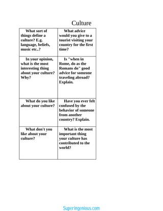 Culture
What sort of
things define a
culture? E.g.
language, beliefs,
music etc..?
What advice
would you give to a
tourist visiting your
country for the first
time?
In your opinion,
what is the most
interesting thing
about your culture?
Why?
Is "when in
Rome, do as the
Romans do" good
advice for someone
traveling abroad?
Explain.
What do you like
about your culture?
Have you ever felt
confused by the
behavior of someone
from another
country? Explain.
What don't you
like about your
culture?
What is the most
important thing
your culture has
contributed to the
world?
Superingenious.com
 