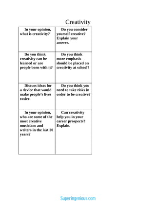 Creativity
In your opinion,
what is creativity?
Do you consider
yourself creative?
Explain your
answer.
Do you think
creativity can be
learned or are
people born with it?
Do you think
more emphasis
should be placed on
creativity at school?
Discuss ideas for
a device that would
make people’s lives
easier.
Do you think you
need to take risks in
order to be creative?
In your opinion,
who are some of the
most creative
musicians and
writers in the last 20
years?
Can creativity
help you in your
career prospects?
Explain.
Superingenious.com
 