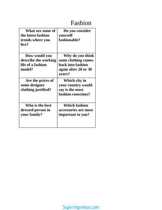 Fashion
What are some of
the latest fashion
trends where you
live?
Do you consider
yourself
fashionable?
How would you
describe the working
life of a fashion
model?
Why do you think
some clothing comes
back into fashion
again after 20 or 30
years?
Are the prices of
some designer
clothing justified?
Which city in
your country would
say is the most
fashion conscious?
Who is the best
dressed person in
your family?
Which fashion
accessories are most
important to you?
Superingenious.com
 