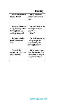 Driving
What kind of car
do you drive?
Have you ever
suffered from road
rage?
Why do you think
many people prefer
driving to using
public transport?
Will we all still be
driving cars in 30
years’
time?
How do you feel
about driverless
cars?
What is should be
the legal age for
someone to get a
driving licence?
What is the
longest car trip you
have been on?
How would you
describe the driving
behaviour of people
in your country?
Superingenious.com
 