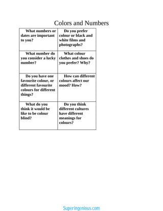 Colors and Numbers
What numbers or
dates are important
to you?
Do you prefer
colour or black and
white films and
photographs?
What number do
you consider a lucky
number?
What colour
clothes and shoes do
you prefer? Why?
Do you have one
favourite colour, or
different favourite
colours for different
things?
How can different
colours affect our
mood? How?
What do you
think it would be
like to be colour
blind?
Do you think
different cultures
have different
meanings for
colours?
Superingenious.com
 