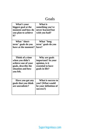 Goals
What’s your
biggest goal at the
moment and how do
you plan to achieve
it?
What is
something you’ve
never learned but
wish you had?
What "short-
term" goals do you
have at the moment?
What "long
term" goals do you
have?
Think of a time
when you didn’t
achieve one of your
goals, describe the
situation and how
you felt.
Why are goals
important? In your
opinion, is it
essential to have
goals in life?
Have you got any
goals that you think
are unrealistic?
What is success to
you? (What would
be your definition of
success?)
Superingenious.com
 