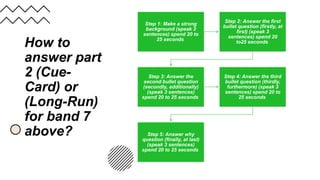 How to
answer part
2 (Cue-
Card) or
(Long-Run)
for band 7
above?
Step 1: Make a strong
background (speak 3
sentences) spend 20 to
25 seconds
Step 2: Answer the first
bullet question (firstly, at
first) (speak 3
sentences) spend 20
to25 seconds
Step 3: Answer the
second bullet question
(secondly, additionally)
(speak 3 sentences)
spend 20 to 25 seconds
Step 4: Answer the third
bullet question (thirdly,
furthermore) (speak 3
sentences) spend 20 to
25 seconds
Step 5: Answer why
question (finally, at last)
(speak 3 sentences)
spend 20 to 25 seconds
 