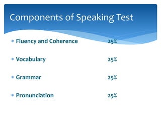 Components of Speaking Test 
 Fluency and Coherence 25% 
 Vocabulary 25% 
 Grammar 25% 
 Pronunciation 25% 
 