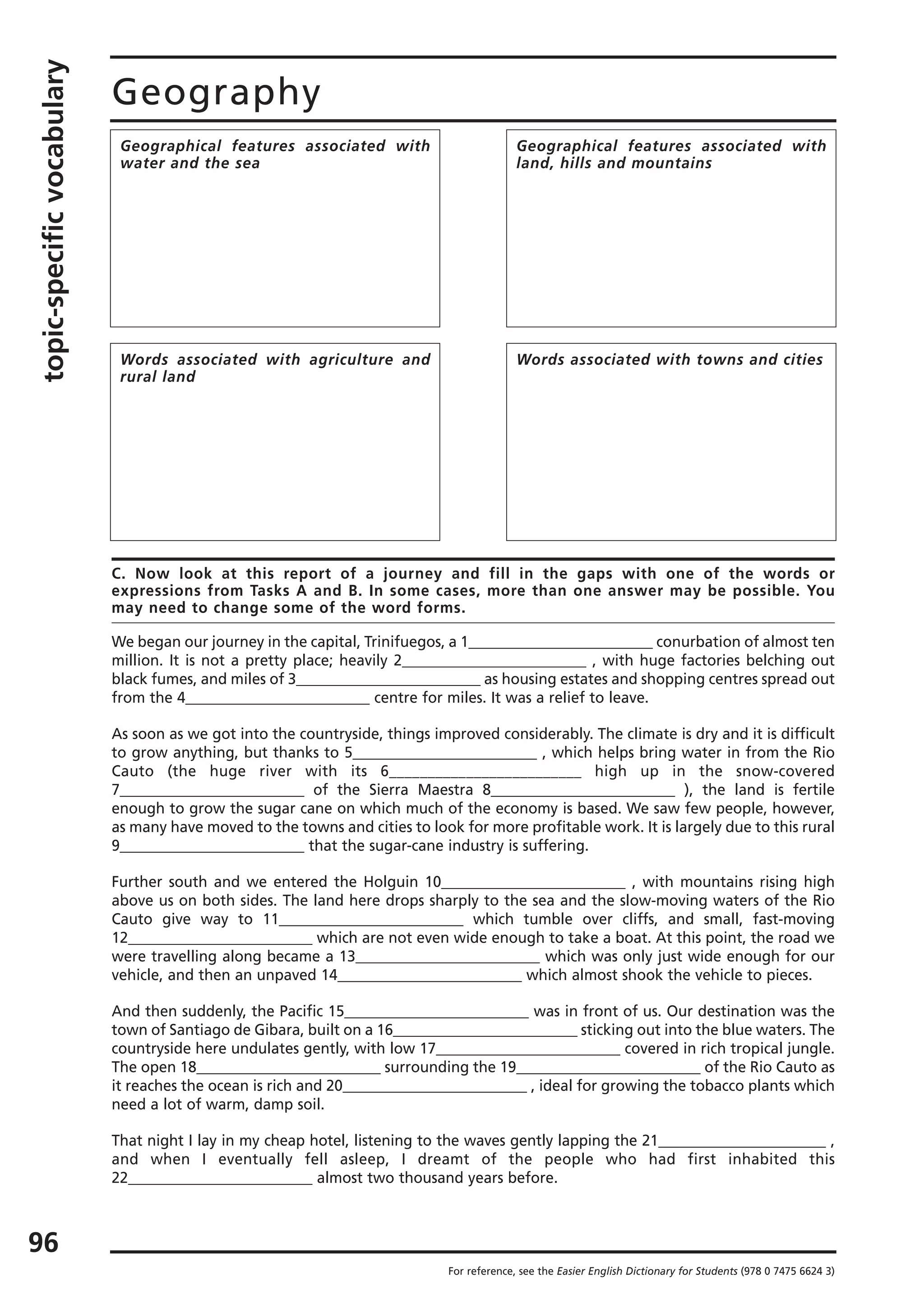 topic-specificvocabulary
96
Geography
For reference, see the Easier English Dictionary for Students (978 0 7475 6624 3)
C. Now look at this report of a journey and fill in the gaps with one of the words or
expressions from Tasks A and B. In some cases, more than one answer may be possible. You
may need to change some of the word forms.
We began our journey in the capital, Trinifuegos, a 1_________________________ conurbation of almost ten
million. It is not a pretty place; heavily 2_________________________ , with huge factories belching out
black fumes, and miles of 3_________________________ as housing estates and shopping centres spread out
from the 4_________________________ centre for miles. It was a relief to leave.
As soon as we got into the countryside, things improved considerably. The climate is dry and it is difficult
to grow anything, but thanks to 5_________________________ , which helps bring water in from the Rio
Cauto (the huge river with its 6_________________________ high up in the snow-covered
7_________________________ of the Sierra Maestra 8_________________________ ), the land is fertile
enough to grow the sugar cane on which much of the economy is based. We saw few people, however,
as many have moved to the towns and cities to look for more profitable work. It is largely due to this rural
9_________________________ that the sugar-cane industry is suffering.
Further south and we entered the Holguin 10_________________________ , with mountains rising high
above us on both sides. The land here drops sharply to the sea and the slow-moving waters of the Rio
Cauto give way to 11_________________________ which tumble over cliffs, and small, fast-moving
12_________________________ which are not even wide enough to take a boat. At this point, the road we
were travelling along became a 13_________________________ which was only just wide enough for our
vehicle, and then an unpaved 14_________________________ which almost shook the vehicle to pieces.
And then suddenly, the Pacific 15_________________________ was in front of us. Our destination was the
town of Santiago de Gibara, built on a 16_________________________ sticking out into the blue waters. The
countryside here undulates gently, with low 17_________________________ covered in rich tropical jungle.
The open 18_________________________ surrounding the 19_________________________ of the Rio Cauto as
it reaches the ocean is rich and 20_________________________ , ideal for growing the tobacco plants which
need a lot of warm, damp soil.
That night I lay in my cheap hotel, listening to the waves gently lapping the 21_______________________ ,
and when I eventually fell asleep, I dreamt of the people who had first inhabited this
22_________________________ almost two thousand years before.
Geographical features associated with
water and the sea
Geographical features associated with
land, hills and mountains
Words associated with agriculture and
rural land
Words associated with towns and cities
 