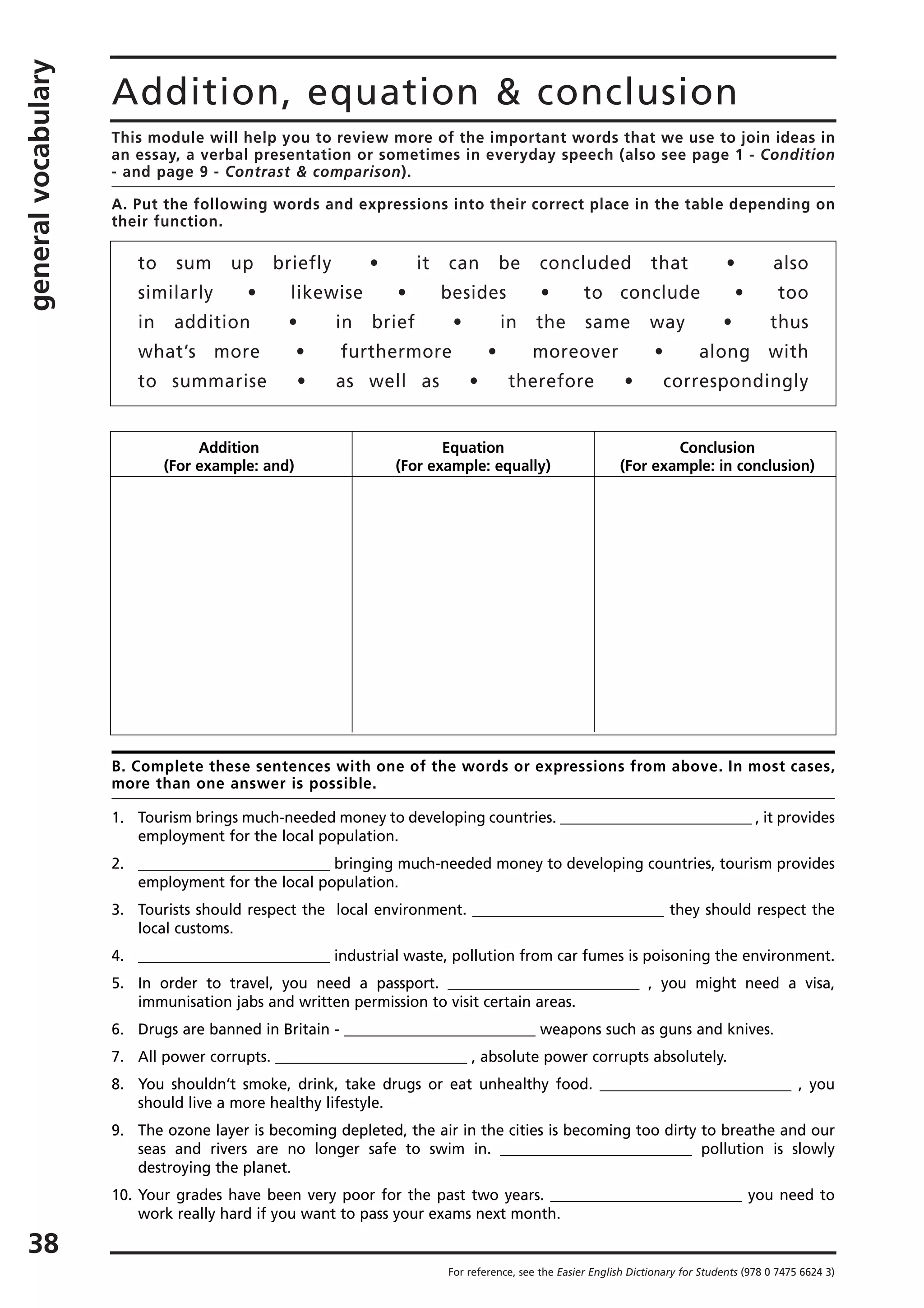 generalvocabulary
38
Addition, equation & conclusion
This module will help you to review more of the important words that we use to join ideas in
an essay, a verbal presentation or sometimes in everyday speech (also see page 1 - Condition
- and page 9 - Contrast & comparison).
A. Put the following words and expressions into their correct place in the table depending on
their function.
to sum up briefly • it can be concluded that • also
similarly • likewise • besides • to conclude • too
in addition • in brief • in the same way • thus
what’s more • furthermore • moreover • along with
to summarise • as well as • therefore • correspondingly
For reference, see the Easier English Dictionary for Students (978 0 7475 6624 3)
Addition
(For example: and)
Equation
(For example: equally)
Conclusion
(For example: in conclusion)
B. Complete these sentences with one of the words or expressions from above. In most cases,
more than one answer is possible.
1. Tourism brings much-needed money to developing countries. __________________________ , it provides
employment for the local population.
2. __________________________ bringing much-needed money to developing countries, tourism provides
employment for the local population.
3. Tourists should respect the local environment. __________________________ they should respect the
local customs.
4. __________________________ industrial waste, pollution from car fumes is poisoning the environment.
5. In order to travel, you need a passport. __________________________ , you might need a visa,
immunisation jabs and written permission to visit certain areas.
6. Drugs are banned in Britain - __________________________ weapons such as guns and knives.
7. All power corrupts. __________________________ , absolute power corrupts absolutely.
8. You shouldn’t smoke, drink, take drugs or eat unhealthy food. __________________________ , you
should live a more healthy lifestyle.
9. The ozone layer is becoming depleted, the air in the cities is becoming too dirty to breathe and our
seas and rivers are no longer safe to swim in. __________________________ pollution is slowly
destroying the planet.
10. Your grades have been very poor for the past two years. __________________________ you need to
work really hard if you want to pass your exams next month.
 