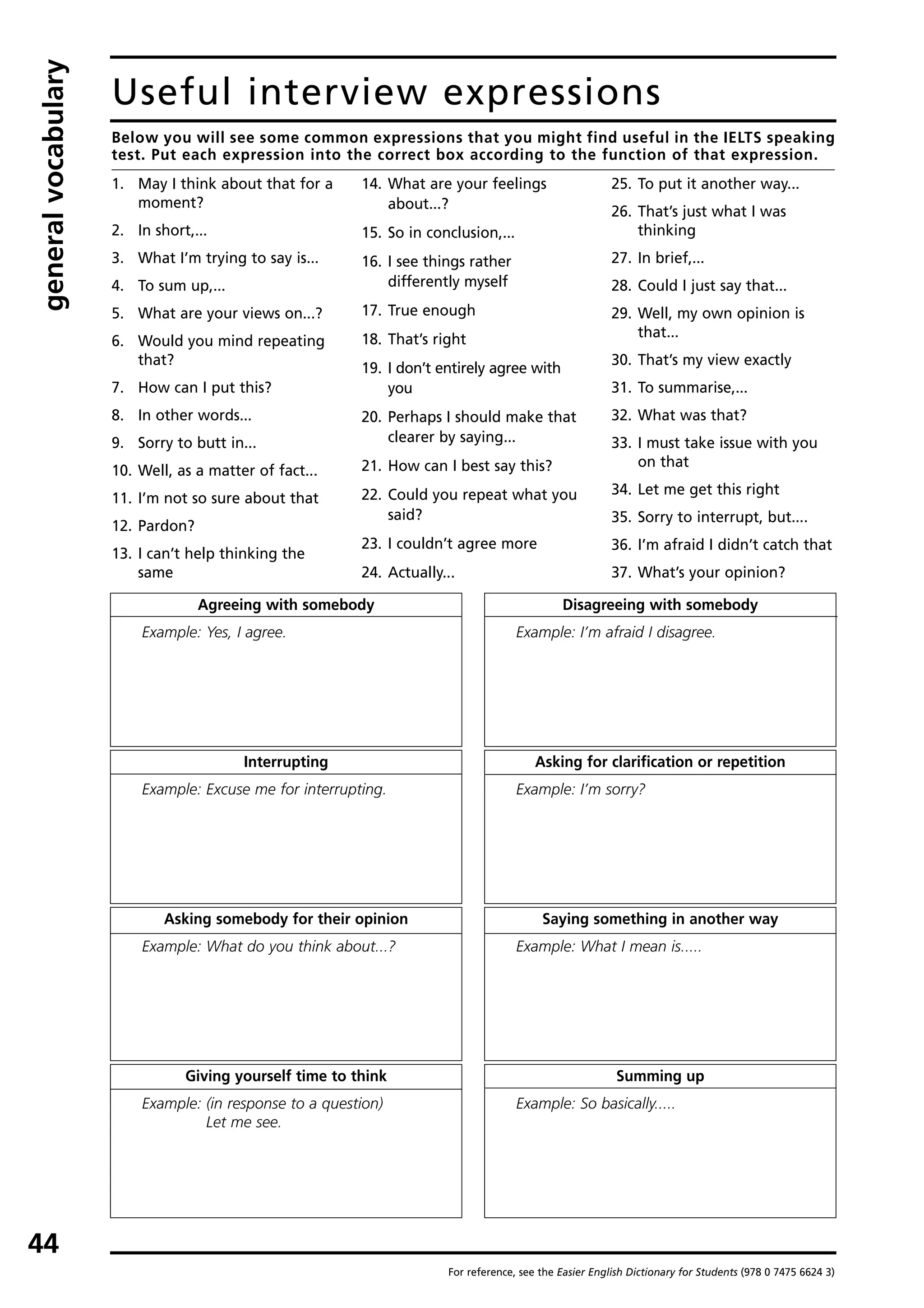 1. May I think about that for a
moment?
2. In short,...
3. What I’m trying to say is...
4. To sum up,...
5. What are your views on...?
6. Would you mind repeating
that?
7. How can I put this?
8. In other words...
9. Sorry to butt in...
10. Well, as a matter of fact...
11. I’m not so sure about that
12. Pardon?
13. I can’t help thinking the
same
14. What are your feelings
about...?
15. So in conclusion,...
16. I see things rather
differently myself
17. True enough
18. That’s right
19. I don’t entirely agree with
you
20. Perhaps I should make that
clearer by saying...
21. How can I best say this?
22. Could you repeat what you
said?
23. I couldn’t agree more
24. Actually...
25. To put it another way...
26. That’s just what I was
thinking
27. In brief,...
28. Could I just say that...
29. Well, my own opinion is
that...
30. That’s my view exactly
31. To summarise,...
32. What was that?
33. I must take issue with you
on that
34. Let me get this right
35. Sorry to interrupt, but....
36. I’m afraid I didn’t catch that
37. What’s your opinion?
generalvocabulary
44
Useful interview expressions
Below you will see some common expressions that you might find useful in the IELTS speaking
test. Put each expression into the correct box according to the function of that expression.
For reference, see the Easier English Dictionary for Students (978 0 7475 6624 3)
Agreeing with somebody
Example: Yes, I agree.
Interrupting
Example: Excuse me for interrupting.
Asking somebody for their opinion
Example: What do you think about...?
Giving yourself time to think
Example: (in response to a question)
Let me see.
Disagreeing with somebody
Example: I’m afraid I disagree.
Asking for clarification or repetition
Example: I’m sorry?
Saying something in another way
Example: What I mean is.....
Summing up
Example: So basically.....
 