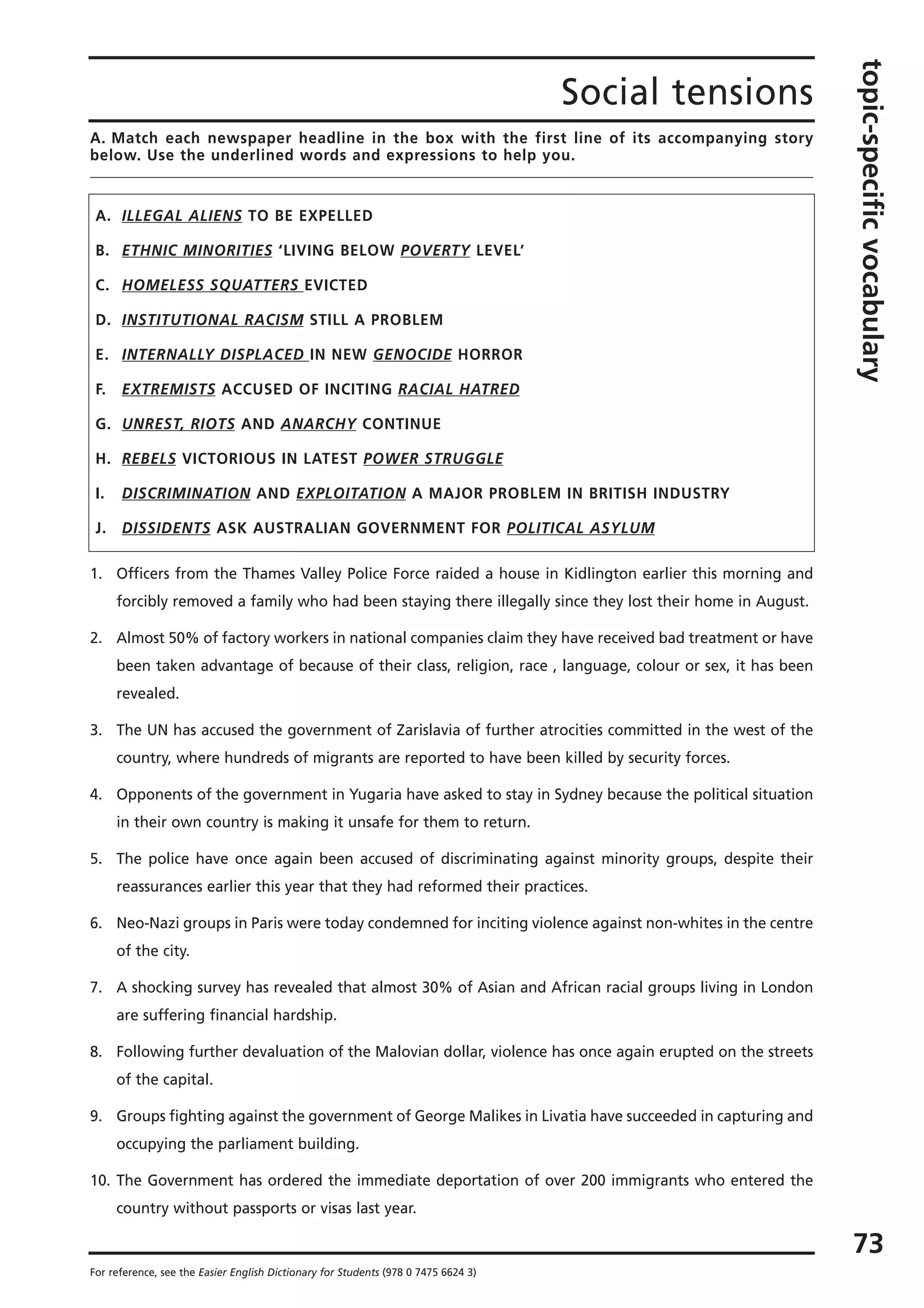 Social tensions
topic-specificvocabulary
73
For reference, see the Easier English Dictionary for Students (978 0 7475 6624 3)
A. Match each newspaper headline in the box with the first line of its accompanying story
below. Use the underlined words and expressions to help you.
A. ILLEGAL ALIENS TO BE EXPELLED
B. ETHNIC MINORITIES ‘LIVING BELOW POVERTY LEVEL’
C. HOMELESS SQUATTERS EVICTED
D. INSTITUTIONAL RACISM STILL A PROBLEM
E. INTERNALLY DISPLACED IN NEW GENOCIDE HORROR
F. EXTREMISTS ACCUSED OF INCITING RACIAL HATRED
G. UNREST, RIOTS AND ANARCHY CONTINUE
H. REBELS VICTORIOUS IN LATEST POWER STRUGGLE
I. DISCRIMINATION AND EXPLOITATION A MAJOR PROBLEM IN BRITISH INDUSTRY
J. DISSIDENTS ASK AUSTRALIAN GOVERNMENT FOR POLITICAL ASYLUM
1. Officers from the Thames Valley Police Force raided a house in Kidlington earlier this morning and
forcibly removed a family who had been staying there illegally since they lost their home in August.
2. Almost 50% of factory workers in national companies claim they have received bad treatment or have
been taken advantage of because of their class, religion, race , language, colour or sex, it has been
revealed.
3. The UN has accused the government of Zarislavia of further atrocities committed in the west of the
country, where hundreds of migrants are reported to have been killed by security forces.
4. Opponents of the government in Yugaria have asked to stay in Sydney because the political situation
in their own country is making it unsafe for them to return.
5. The police have once again been accused of discriminating against minority groups, despite their
reassurances earlier this year that they had reformed their practices.
6. Neo-Nazi groups in Paris were today condemned for inciting violence against non-whites in the centre
of the city.
7. A shocking survey has revealed that almost 30% of Asian and African racial groups living in London
are suffering financial hardship.
8. Following further devaluation of the Malovian dollar, violence has once again erupted on the streets
of the capital.
9. Groups fighting against the government of George Malikes in Livatia have succeeded in capturing and
occupying the parliament building.
10. The Government has ordered the immediate deportation of over 200 immigrants who entered the
country without passports or visas last year.
 