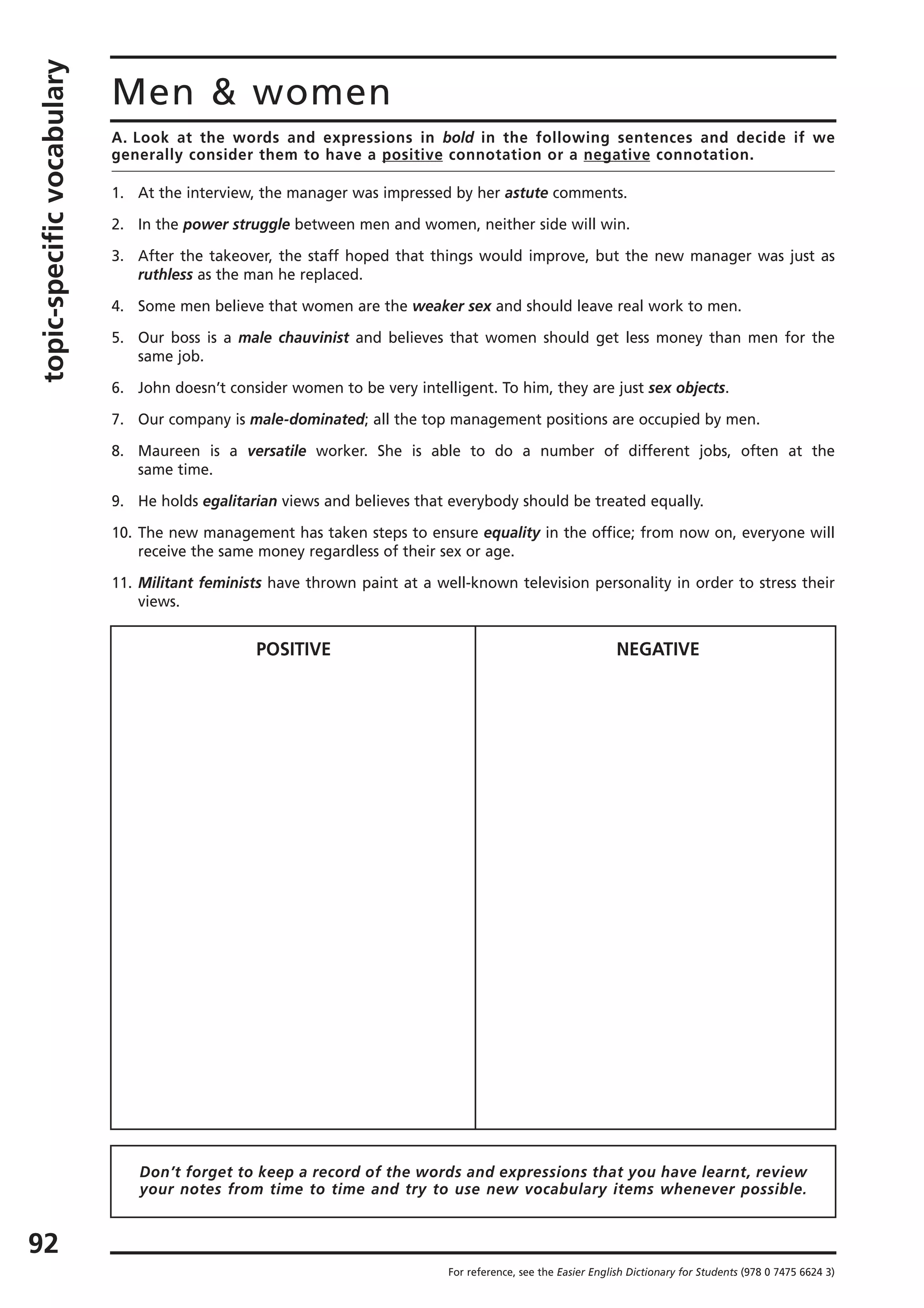topic-specificvocabulary
92
Men & women
For reference, see the Easier English Dictionary for Students (978 0 7475 6624 3)
A. Look at the words and expressions in bold in the following sentences and decide if we
generally consider them to have a positive connotation or a negative connotation.
1. At the interview, the manager was impressed by her astute comments.
2. In the power struggle between men and women, neither side will win.
3. After the takeover, the staff hoped that things would improve, but the new manager was just as
ruthless as the man he replaced.
4. Some men believe that women are the weaker sex and should leave real work to men.
5. Our boss is a male chauvinist and believes that women should get less money than men for the
same job.
6. John doesn’t consider women to be very intelligent. To him, they are just sex objects.
7. Our company is male-dominated; all the top management positions are occupied by men.
8. Maureen is a versatile worker. She is able to do a number of different jobs, often at the
same time.
9. He holds egalitarian views and believes that everybody should be treated equally.
10. The new management has taken steps to ensure equality in the office; from now on, everyone will
receive the same money regardless of their sex or age.
11. Militant feminists have thrown paint at a well-known television personality in order to stress their
views.
POSITIVE NEGATIVE
Don’t forget to keep a record of the words and expressions that you have learnt, review
your notes from time to time and try to use new vocabulary items whenever possible.
 