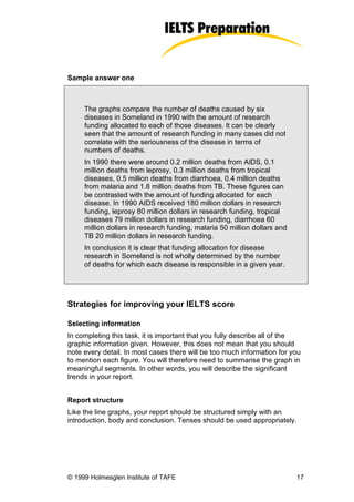 Sample answer one



     The graphs compare the number of deaths caused by six
     diseases in Someland in 1990 with the amount of research
     funding allocated to each of those diseases. It can be clearly
     seen that the amount of research funding in many cases did not
     correlate with the seriousness of the disease in terms of
     numbers of deaths.
     In 1990 there were around 0.2 million deaths from AIDS, 0.1
     million deaths from leprosy, 0.3 million deaths from tropical
     diseases, 0.5 million deaths from diarrhoea, 0.4 million deaths
     from malaria and 1.8 million deaths from TB. These figures can
     be contrasted with the amount of funding allocated for each
     disease. In 1990 AIDS received 180 million dollars in research
     funding, leprosy 80 million dollars in research funding, tropical
     diseases 79 million dollars in research funding, diarrhoea 60
     million dollars in research funding, malaria 50 million dollars and
     TB 20 million dollars in research funding.
     In conclusion it is clear that funding allocation for disease
     research in Someland is not wholly determined by the number
     of deaths for which each disease is responsible in a given year.




Strategies for improving your IELTS score

Selecting information
In completing this task, it is important that you fully describe all of the
graphic information given. However, this does not mean that you should
note every detail. In most cases there will be too much information for you
to mention each figure. You will therefore need to summarise the graph in
meaningful segments. In other words, you will describe the significant
trends in your report.


Report structure
Like the line graphs, your report should be structured simply with an
introduction, body and conclusion. Tenses should be used appropriately.




© 1999 Holmesglen Institute of TAFE                                        17
 