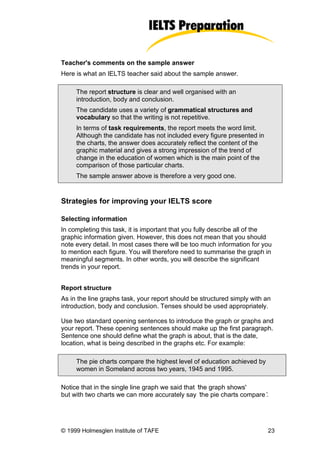 Teacher's comments on the sample answer
Here is what an IELTS teacher said about the sample answer.

     The report structure is clear and well organised with an
     introduction, body and conclusion.
     The candidate uses a variety of grammatical structures and
     vocabulary so that the writing is not repetitive.
     In terms of task requirements, the report meets the word limit.
     Although the candidate has not included every figure presented in
     the charts, the answer does accurately reflect the content of the
     graphic material and gives a strong impression of the trend of
     change in the education of women which is the main point of the
     comparison of those particular charts.
     The sample answer above is therefore a very good one.


Strategies for improving your IELTS score

Selecting information
In completing this task, it is important that you fully describe all of the
graphic information given. However, this does not mean that you should
note every detail. In most cases there will be too much information for you
to mention each figure. You will therefore need to summarise the graph in
meaningful segments. In other words, you will describe the significant
trends in your report.


Report structure
As in the line graphs task, your report should be structured simply with an
introduction, body and conclusion. Tenses should be used appropriately.

Use two standard opening sentences to introduce the graph or graphs and
your report. These opening sentences should make up the first paragraph.
Sentence one should define what the graph is about, that is the date,
location, what is being described in the graphs etc. For example:

     The pie charts compare the highest level of education achieved by
     women in Someland across two years, 1945 and 1995.

Notice that in the single line graph we said that ‘ graph shows'
                                                  the
but with two charts we can more accurately say ‘ pie charts compare’
                                                   the             .




© 1999 Holmesglen Institute of TAFE                                       23
 