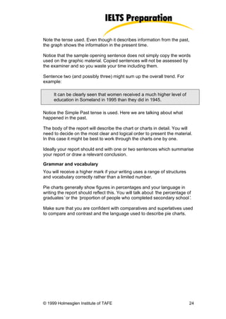 Note the tense used. Even though it describes information from the past,
the graph shows the information in the present time.

Notice that the sample opening sentence does not simply copy the words
used on the graphic material. Copied sentences will not be assessed by
the examiner and so you waste your time including them.

Sentence two (and possibly three) might sum up the overall trend. For
example:

     It can be clearly seen that women received a much higher level of
     education in Someland in 1995 than they did in 1945.

Notice the Simple Past tense is used. Here we are talking about what
happened in the past.

The body of the report will describe the chart or charts in detail. You will
need to decide on the most clear and logical order to present the material.
In this case it might be best to work through the charts one by one.

Ideally your report should end with one or two sentences which summarise
your report or draw a relevant conclusion.

Grammar and vocabulary
You will receive a higher mark if your writing uses a range of structures
and vocabulary correctly rather than a limited number.

Pie charts generally show figures in percentages and your language in
writing the report should reflect this. You will talk about ‘ percentage of
                                                            the
graduates’or the ‘  proportion of people who completed secondary school’  .

Make sure that you are confident with comparatives and superlatives used
to compare and contrast and the language used to describe pie charts.




© 1999 Holmesglen Institute of TAFE                                         24
 