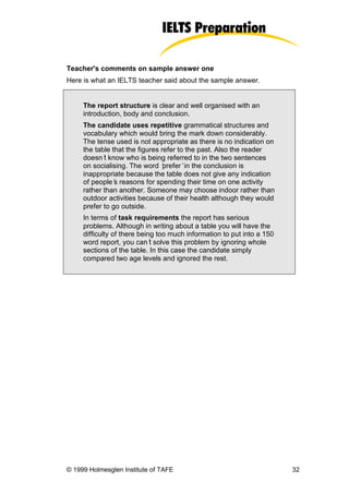 Teacher's comments on sample answer one
Here is what an IELTS teacher said about the sample answer.


     The report structure is clear and well organised with an
     introduction, body and conclusion.
     The candidate uses repetitive grammatical structures and
     vocabulary which would bring the mark down considerably.
     The tense used is not appropriate as there is no indication on
     the table that the figures refer to the past. Also the reader
     doesn’ know who is being referred to in the two sentences
            t
     on socialising. The word ‘  prefer’in the conclusion is
     inappropriate because the table does not give any indication
     of people’ reasons for spending their time on one activity
                s
     rather than another. Someone may choose indoor rather than
     outdoor activities because of their health although they would
     prefer to go outside.
     In terms of task requirements the report has serious
     problems. Although in writing about a table you will have the
     difficulty of there being too much information to put into a 150
     word report, you can’ solve this problem by ignoring whole
                             t
     sections of the table. In this case the candidate simply
     compared two age levels and ignored the rest.




© 1999 Holmesglen Institute of TAFE                                     32
 