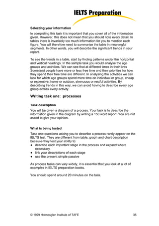 Selecting your information
In completing this task it is important that you cover all of the information
given. However, this does not mean that you should note every detail. In
tables there is invariably too much information for you to mention each
figure. You will therefore need to summarise the table in meaningful
segments. In other words, you will describe the significant trends in your
report.

To see the trends in a table, start by finding patterns under the horizontal
and vertical headings. In the sample task you would analyse the age
groups and activities. We can see that at different times in their lives
Someland people have more or less free time and their priorities for how
they spend their free time are different. In analysing the activities we can
look for which age groups spend more time on individual or group, cheap
or expensive, home or outdoor, strenuous or restful activities. By
describing trends in this way, we can avoid having to describe every age
group across every activity.

Writing task one: processes

Task description
You will be given a diagram of a process. Your task is to describe the
information given in the diagram by writing a 150 word report. You are not
asked to give your opinion.


What is being tested
Task one questions asking you to describe a process rarely appear on the
IELTS test. They are different from table, graph and chart description
because they test your ability to:
♦ describe each important stage in the process and expand where
   necessary
♦ link your descriptions of each stage
♦ use the present simple passive

As process tasks can vary widely, it is essential that you look at a lot of
examples in IELTS preparation books.

You should spend around 20 minutes on the task.




© 1999 Holmesglen Institute of TAFE                                             35
 