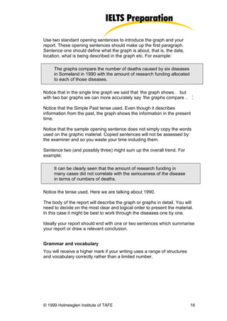Use two standard opening sentences to introduce the graph and your
report. These opening sentences should make up the first paragraph.
Sentence one should define what the graph is about, that is, the date,
location, what is being described in the graph etc. For example:

     The graphs compare the number of deaths caused by six diseases
     in Someland in 1990 with the amount of research funding allocated
     to each of those diseases.

Notice that in the single line graph we said that ‘ graph shows… but
                                                  the
with two bar graphs we can more accurately say ‘ graphs compare … ’
                                                    the              .

Notice that the Simple Past tense used. Even though it describes
information from the past, the graph shows the information in the present
time.

Notice that the sample opening sentence does not simply copy the words
used on the graphic material. Copied sentences will not be assessed by
the examiner and so you waste your time including them.

Sentence two (and possibly three) might sum up the overall trend. For
example:

     It can be clearly seen that the amount of research funding in
     many cases did not correlate with the seriousness of the disease
     in terms of numbers of deaths.

Notice the tense used. Here we are talking about 1990.

The body of the report will describe the graph or graphs in detail. You will
need to decide on the most clear and logical order to present the material.
In this case it might be best to work through the diseases one by one.

Ideally your report should end with one or two sentences which summarise
your report or draw a relevant conclusion.


Grammar and vocabulary
You will receive a higher mark if your writing uses a range of structures
and vocabulary correctly rather than a limited number.




© 1999 Holmesglen Institute of TAFE                                         18
 