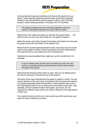Use two standard opening sentences to introduce the graph and your
report. These opening sentences should make up the first paragraph.
Sentence one should define what the graph is about, that is the date,
location, what is being described in the graph etc. For example:

     The graph compares the rate of smoking between men and
     women in Someland between the years 1960 and 2000.

Notice that in the single line graph we said that ‘ graph shows … ’but
                                                  the
with two lines we can more accurately say ‘ graph compares … ’
                                             the

Notice the tense used. Even though it describes information from the past,
the graph shows the information in the present time.

Notice that the sample opening sentence does not simply copy the words
used on the graphic material. Copied sentences will not be assessed by
the examiner and so you waste your time including them.

Sentence two (and possibly three) might sum up the overall trend. For
example:

     It can be clearly seen that the rate of smoking for both men and
     women is currently declining and that fewer women had smoked
     throughout the period.

Notice that the Present perfect tense is used. Here we are talking about
the rate of smoking in the past and up to the present.

The body of the report will describe the graph or graphs in detail. You will
need to decide on the most clear and logical order to present the material.
Line graphs generally present information in chronological order and so
the most logical order for you to write up the information would also, most
probably, be from earliest to latest. Bar graphs, pie charts, etc are
organised in different ways and so you need to decide on the organisation
of each one.

Your report should end with one or two sentences which summarise your
report or draw a relevant conclusion




© 1999 Holmesglen Institute of TAFE                                        14
 