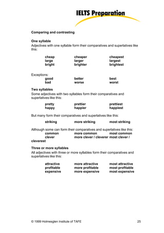 Comparing and contrasting

One syllable
Adjectives with one syllable form their comparatives and superlatives like
this:

         cheap                cheaper                 cheapest
         large                larger                  largest
         bright               brighter                brightest


Exceptions:
         good                 better                  best
         bad                  worse                   worst

Two syllables
Some adjectives with two syllables form their comparatives and
superlatives like this:
         pretty               prettier                prettiest
         happy                happier                 happiest

But many form their comparatives and superlatives like this:
         striking             more striking           most striking

Although some can form their comparatives and superlatives like this:
         common             more common            most common
         clever             more clever / cleverer most clever /
cleverest

Three or more syllables
All adjectives with three or more syllables form their comparatives and
superlatives like this:

         attractive           more attractive         most attractive
         profitable           more profitable         most profitable
         expensive            more expensive          most expensive




© 1999 Holmesglen Institute of TAFE                                       25
 