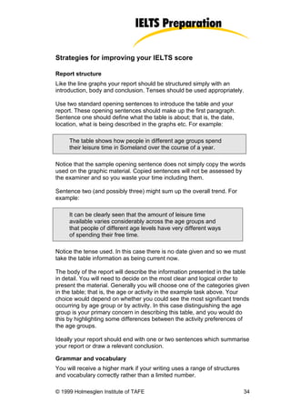 Strategies for improving your IELTS score

Report structure
Like the line graphs your report should be structured simply with an
introduction, body and conclusion. Tenses should be used appropriately.

Use two standard opening sentences to introduce the table and your
report. These opening sentences should make up the first paragraph.
Sentence one should define what the table is about; that is, the date,
location, what is being described in the graphs etc. For example:

     The table shows how people in different age groups spend
     their leisure time in Someland over the course of a year.

Notice that the sample opening sentence does not simply copy the words
used on the graphic material. Copied sentences will not be assessed by
the examiner and so you waste your time including them.

Sentence two (and possibly three) might sum up the overall trend. For
example:

     It can be clearly seen that the amount of leisure time
     available varies considerably across the age groups and
     that people of different age levels have very different ways
     of spending their free time.

Notice the tense used. In this case there is no date given and so we must
take the table information as being current now.

The body of the report will describe the information presented in the table
in detail. You will need to decide on the most clear and logical order to
present the material. Generally you will choose one of the categories given
in the table; that is, the age or activity in the example task above. Your
choice would depend on whether you could see the most significant trends
occurring by age group or by activity. In this case distinguishing the age
group is your primary concern in describing this table, and you would do
this by highlighting some differences between the activity preferences of
the age groups.

Ideally your report should end with one or two sentences which summarise
your report or draw a relevant conclusion.

Grammar and vocabulary
You will receive a higher mark if your writing uses a range of structures
and vocabulary correctly rather than a limited number.

© 1999 Holmesglen Institute of TAFE                                         34
 