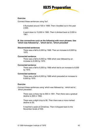 Exercise
Connect these sentences using 'but'.

      It fluctuated around 100 in 1999. Then it levelled out in the year
      2,000.

      It went down to 15,000 in 1960. Then it climbed back to 2,000 in
      1961.


B. Use connectives such as the following with noun phrases. Use
'which was followed by' , 'which led to', 'which preceded'

Disconnected sentences
     There was a fall to 6,000 by 1968. Then an increase to 8,000 by
     1970.

Connected sentence
     There was a fall to 6,000 by 1968 which was followed by an
     increase to 8,000 by 1970.

Connected sentence
     There was a fall to 6,000 by 1968 which led to an increase to 8,000
     by 1970.

Connected sentence
     There was a fall to 6,000 by 1968 which preceded an increase to
     8,000 by 1970.


Exercise
Connect these sentences using‘which was followed by’ ‘
                                                   , which led to’
                                                                 ,
‘
which preceded’.

      There was a sharp rise to 900 in 1991. Then there was a gradual
      decline to 800 in 1992.

      There was a slight drop to 90. Then there was a more marked
      decline to 50.

      It reached a peak at Christmas. Then it dropped back to the
      November levels of 500.




© 1999 Holmesglen Institute of TAFE                                        45
 