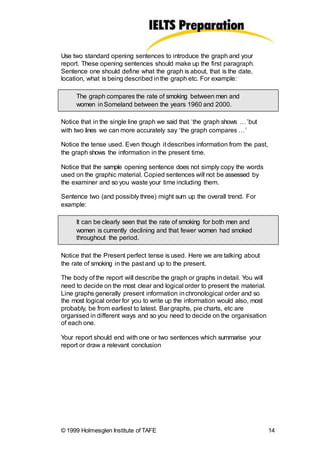 Use two standard opening sentences to introduce the graph and your
report. These opening sentences should make up the first paragraph.
Sentence one should define what the graph is about, that is the date,
location, what is being described inthe graph etc. For example:
The graph compares the rate of smoking between men and
women inSomeland between the years 1960 and 2000.
Notice that in the single line graph we said that ‘the graph shows …’but
with two lines we can more accurately say ‘the graph compares …’
Notice the tense used. Even though it describes information from the past,
the graph shows the information in the present time.
Notice that the sample opening sentence does not simply copy the words
used on the graphic material. Copied sentences will not be assessed by
the examiner and so you waste your time including them.
Sentence two (and possibly three) might sum up the overall trend. For
example:
It can be clearly seen that the rate of smoking for both men and
women is currently declining and that fewer women had smoked
throughout the period.
Notice that the Present perfect tense is used. Here we are talking about
the rate of smoking in the past and up to the present.
The body of the report will describe the graph or graphs indetail. You will
need to decide on the most clear and logical order to present the material.
Line graphs generally present information inchronological order and so
the most logical order for you to write up the information would also, most
probably, be from earliest to latest. Bar graphs, pie charts, etc are
organised in different ways and so you need to decide on the organisation
of each one.
Your report should end with one or two sentences which summarise your
report or draw a relevant conclusion
© 1999 Holmesglen Institute of TAFE 14
 