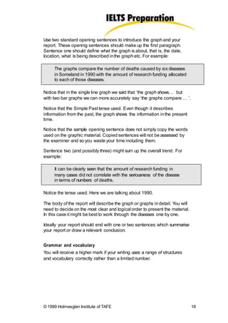 Use two standard opening sentences to introduce the graph and your
report. These opening sentences should make up the first paragraph.
Sentence one should define what the graph is about, that is, the date,
location, what is being described inthe graph etc. For example:
The graphs compare the number of deaths caused by six diseases
in Someland in 1990 with the amount of research funding allocated
to each of those diseases.
Notice that in the single line graph we said that ‘the graph shows… but
with two bar graphs we can more accurately say ‘the graphs compare … ’.
Notice that the Simple Past tense used. Even though it describes
information from the past, the graph shows the information inthe present
time.
Notice that the sample opening sentence does not simply copy the words
used on the graphic material. Copied sentences will not be assessed by
the examiner and so you waste your time including them.
Sentence two (and possibly three) might sum up the overall trend. For
example:
It can be clearly seen that the amount of research funding in
many cases did not correlate with the seriousness of the disease
in terms of numbers of deaths.
Notice the tense used. Here we are talking about 1990.
The body of the report will describe the graph or graphs indetail. You will
need to decide on the most clear and logical order to present the material.
In this case it might be best to work through the diseases one by one.
Ideally your report should end with one or two sentences which summarise
your report or draw a relevant conclusion.
Grammar and vocabulary
You will receive a higher mark if your writing uses a range of structures
and vocabulary correctly rather than a limited number.
© 1999 Holmesglen Institute of TAFE 18
 