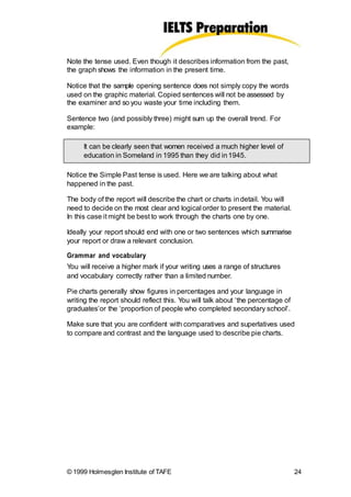 Note the tense used. Even though it describes information from the past,
the graph shows the information in the present time.
Notice that the sample opening sentence does not simply copy the words
used on the graphic material. Copied sentences will not be assessed by
the examiner and so you waste your time including them.
Sentence two (and possibly three) might sum up the overall trend. For
example:
It can be clearly seen that women received a much higher level of
education in Someland in 1995 than they did in1945.
Notice the Simple Past tense is used. Here we are talking about what
happened in the past.
The body of the report will describe the chart or charts indetail. You will
need to decide on the most clear and logical order to present the material.
In this case it might be best to work through the charts one by one.
Ideally your report should end with one or two sentences which summarise
your report or draw a relevant conclusion.
Grammar and vocabulary
You will receive a higher mark if your writing uses a range of structures
and vocabulary correctly rather than a limited number.
Pie charts generally show figures in percentages and your language in
writing the report should reflect this. You will talk about ‘the percentage of
graduates’or the ‘proportion of people who completed secondary school’.
Make sure that you are confident with comparatives and superlatives used
to compare and contrast and the language used to describe pie charts.
© 1999 Holmesglen Institute of TAFE 24
 
