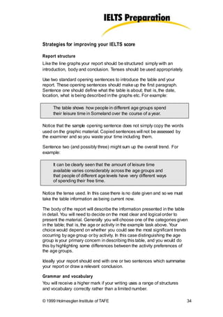Strategies for improving your IELTS score
Report structure
Like the line graphs your report should be structured simply with an
introduction, body and conclusion. Tenses should be used appropriately.
Use two standard opening sentences to introduce the table and your
report. These opening sentences should make up the first paragraph.
Sentence one should define what the table is about; that is, the date,
location, what is being described inthe graphs etc. For example:
The table shows how people in different age groups spend
their leisure time in Someland over the course of a year.
Notice that the sample opening sentence does not simply copy the words
used on the graphic material. Copied sentences will not be assessed by
the examiner and so you waste your time including them.
Sentence two (and possibly three) might sum up the overall trend. For
example:
It can be clearly seen that the amount of leisure time
available varies considerably across the age groups and
that people of different age levels have very different ways
of spending their free time.
Notice the tense used. In this case there is no date given and so we must
take the table information as being current now.
The body of the report will describe the information presented in the table
in detail. You will need to decide on the most clear and logical order to
present the material. Generally you will choose one of the categories given
in the table; that is, the age or activity in the example task above. Your
choice would depend on whether you could see the most significant trends
occurring by age group or by activity. In this case distinguishing the age
group is your primary concern in describing this table, and you would do
this by highlighting some differences between the activity preferences of
the age groups.
Ideally your report should end with one or two sentences which summarise
your report or draw a relevant conclusion.
Grammar and vocabulary
You will receive a higher mark if your writing uses a range of structures
and vocabulary correctly rather than a limited number.
© 1999 Holmesglen Institute of TAFE 34
 