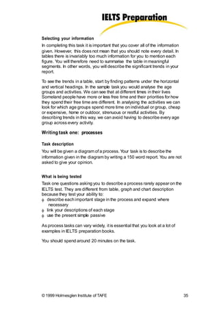Selecting your information
In completing this task it is important that you cover all of the information
given. However, this does not mean that you should note every detail. In
tables there is invariably too much information for you to mention each
figure. You will therefore need to summarise the table inmeaningful
segments. In other words, you will describe the significant trends in your
report.
To see the trends in a table, start by finding patterns under the horizontal
and vertical headings. In the sample task you would analyse the age
groups and activities. We can see that at different times in their lives
Someland people have more or less free time and their priorities for how
they spend their free time are different. In analysing the activities we can
look for which age groups spend more time on individual or group, cheap
or expensive, home or outdoor, strenuous or restful activities. By
describing trends in this way, we can avoid having to describe every age
group across every activity.
Writing task one: processes
Task description
You will be given a diagram of a process. Your task is to describe the
information given in the diagram by writing a 150 word report. You are not
asked to give your opinion.
What is being tested
Task one questions asking you to describe a process rarely appear on the
IELTS test. They are different from table, graph and chart description
because they test your ability to:
 describe eachimportant stage in the process and expand where
necessary
 link your descriptions of each stage
 use the present simple passive
As process tasks can vary widely, it is essential that you look at a lot of
examples in IELTS preparation books.
You should spend around 20 minutes on the task.
© 1999 Holmesglen Institute of TAFE 35
 