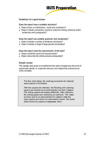Guidelines for a good answer
Does the report have a suitable structure?
 Does it have an introduction, body and conclusion?
 Does it include connective words to make the writing cohesive within
sentences and paragraphs?
Does the report use suitable grammar and vocabulary?
 Does it include a variety of sentence structures?
 Does it include a range of appropriate vocabulary?
Does the report meet the requirements of the task?
 Does it meet the word limit requirements?
 Does it describe the whole process adequately?
Sample answer
The sample task given is simplified for the sake of explaining this kind of
report task clearly. In a genuine test you can expect the process to be
more complex.
The flow chart shows the marking procedures for national
exam papers in Someland.
After the papers are collected, the Reading and Listening
papers are marked by an administrator and then collated.
The writing papers are treated differently. After collection,
the writing papers are marked by an examiner. The marks
are then sent to an administrator for collation while the
exam papers are sent to an examination board. The board
either stores the papers or reassesses them.
© 1999 Holmesglen Institute of TAFE 37
 