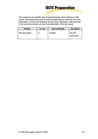 The passive is not another way of expressing the same sentence in the
active. We choose the active or passive depending on what we are more
interested in. In the first sentence we are more interested in the examiner.
In the second sentence we are more interested inthe test paper.
© 1999 Holmesglen Institute of TAFE 40
Subject is / are past participle (by agent)
The test paper is marked (by the
examiner)
 