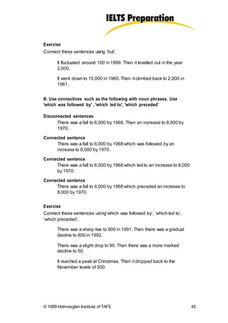 Exercise
Connect these sentences using 'but'.
It fluctuated around 100 in1999. Then it levelled out in the year
2,000.
It went down to 15,000 in 1960. Then it climbed back to 2,000 in
1961.
B. Use connectives such as the following with noun phrases. Use
'which was followed by' , 'which led to', 'which preceded'
Disconnected sentences
There was a fall to 6,000 by 1968. Then an increase to 8,000 by
1970.
Connected sentence
There was a fall to 6,000 by 1968 which was followed by an
increase to 8,000 by 1970.
Connected sentence
There was a fall to 6,000 by 1968 which led to an increase to 8,000
by 1970.
Connected sentence
There was a fall to 6,000 by 1968 which preceded an increase to
8,000 by 1970.
Exercise
Connect these sentences using‘which was followed by’, ‘which led to’,
‘which preceded’.
There was a sharp rise to 900 in 1991. Then there was a gradual
decline to 800 in 1992.
There was a slight drop to 90. Then there was a more marked
decline to 50.
It reached a peak at Christmas. Then it dropped back to the
November levels of 500.
© 1999 Holmesglen Institute of TAFE 45
 