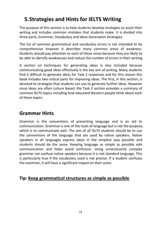 14
5.Strategies and Hints for IELTS Writing
The purpose of this section is to help students develop strategies to assist their
writing and includes common mistakes that students make. It is divided into
three parts, Grammar, Vocabulary and Ideas Generation Strategies.
The list of common grammatical and vocabulary errors is not intended to be
comprehensive however it describes many common areas of weakness.
Students should pay attention to each of these areas because they are likely to
be able to identify weaknesses and reduce the number of errors in their writing.
A section on techniques for generating ideas is also included because
communicating good ideas effectively is the key aim of writing. Many students
find it difficult to generate ideas for Task 2 responses and for this reason this
book includes two critical parts for improving ideas. The first, in this section, is
devoted to strategies that students can use to generate further ideas. However
since ideas are often culture based, the Task 2 section provides a summary of
common IELTS topics including how educated Western people think about each
of these topics.
Grammar Hints
Grammar is the conventions of presenting language and is an aid to
communication. Grammar is one of the tools of language but is not the purpose,
which is to communicate well. The aim of all IELTS students should be to use
the conventions of the language that are used by native speakers. Native
speakers in all languages express ideas in the simplest way possible and
students should do the same. Keeping language as simple as possible aids
communication and helps avoid confusion. Using unnecessarily complex
grammar can confuse native speakers because it is not standard language. This
is particularly true if the vocabulary used is not precise. If a student confuses
the examiner, it will have a significant impact on their score.
Tip: Keep grammatical structures as simple as possible
 