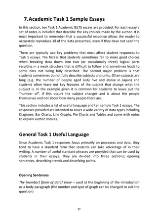 37
7.Academic Task 1 Sample Essays
In this section, ten Task 1 Academic IELTS essays are provided. For each essay a
set of notes is included that describe the key choices made by the author. It is
most important to remember that a successful response allows the reader to
accurately reproduce all of the data presented, even if they have not seen the
question.
There are typically two key problems that most affect student responses to
Task 1 essays. The first is that students sometimes fail to make good choices
when breaking data down into two (or occasionally three) logical parts
resulting in a weak structure that is difficult to follow and sometimes leads to
some data not being fully described. The second major problem is that
students sometimes do not fully describe subjects and units. Often subjects are
long (e.g. the number of people aged sixty five and above in Japan) and
students often leave out key features of the subject that change what the
subject is. In the example given it is common for students to leave out the
“number of”. If this occurs the subject changes and is about the people
themselves and not about how many people there are.
This section includes a list of useful language and ten sample Task 1 essays. The
responses provided are intended to cover a wide variety of data types including,
Diagrams, Bar Charts, Line Graphs, Pie Charts and Tables and come with notes
to explain author choices.
General Task 1 Useful Language
Since Academic Task 1 responses focus primarily on processes and data, they
tend to have a standard form that students can take advantage of in their
writing. A number of useful standard phrases are provided that can be used by
students in their essays. They are divided into three sections; opening
sentences, describing trends and describing points.
Opening Sentences
The [number] [form of data] show – used at the beginning of the introduction
or a body paragraph (the number and type of graph can be changed to suit the
question)
 