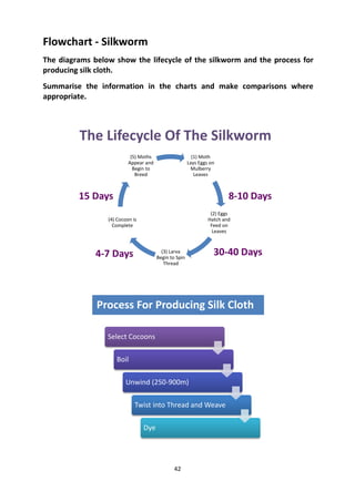 42
Flowchart - Silkworm
The diagrams below show the lifecycle of the silkworm and the process for
producing silk cloth.
Summarise the information in the charts and make comparisons where
appropriate.
(1) Moth
Lays Eggs on
Mulberry
Leaves
(2) Eggs
Hatch and
Feed on
Leaves
(3) Larva
Begin to Spin
Thread
(4) Cocoon is
Complete
(5) Moths
Appear and
Begin to
Breed
8-10 Days
30-40 Days
4-7 Days
15 Days
The Lifecycle Of The Silkworm
Select Cocoons
Boil
Unwind (250-900m)
Twist into Thread and Weave
Dye
Process For Producing Silk Cloth
 