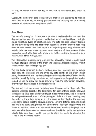 45
reaching 10 million minutes per day by 1996 and 40 million minutes per day in
2000.
Overall, the number of calls increased with mobile calls appearing to replace
local calls. In addition, increasing globalisation has probably led to a steady
increase in the number of long distance calls.
Essay Notes
The aim of a strong Task 1 response is to allow a reader who has not seen the
diagram to reproduce the graphs from the text. In this question there is a single
graph with three types of telephone calls. The data has been logically broken
up into two paragraphs; the first covers local calls and the second both long
distance and mobile calls. The decision to logically group long distance and
mobile calls has been made because these two sets of data show a similar
increasing trend while local calls show a very different trend (increasing to a
maximum and then falling away).
The introduction is a single long sentence that allows the reader to understand
the type of graph, the title of the graph and to add and label both axes, even if
they have not seen the original graph.
The first body paragraph is short, contains only one sentence and describes
local calls. The sentence lists the three key data points on the graph (initial
point, the maximum and the final value) and describes the two different trends
over the period. By listing the values for the key points on the graph the reader
should be able to draw the graph accurately from the information provided,
even though it is described in a single sentence.
The second body paragraph describes long distance and mobile calls. The
opening sentence describes the basic trend for both of these graphs allowing
the reader to get a basic understanding of the common trend. This is followed
by a single sentence for each of the two types of data. It is worth noting that
the order of these two paragraphs is the same as described in the opening
sentence to ensure that the essay is cohesive. For long distance calls, the initial
and final data points are given as well as the trend (a straight line) allowing the
reader to visualise the data. In the case of the mobile calls data, the graph has a
more complex shape (roughly exponential) and in addition to the end points a
middle data point is provided in the text to allow the reader to visualise the
shape of the data more clearly.
 