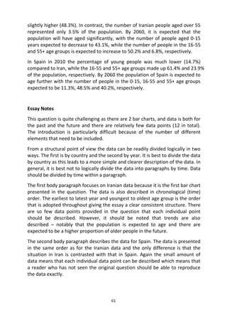 61
slightly higher (48.3%). In contrast, the number of Iranian people aged over 55
represented only 3.5% of the population. By 2060, it is expected that the
population will have aged significantly, with the number of people aged 0-15
years expected to decrease to 43.1%, while the number of people in the 16-55
and 55+ age groups is expected to increase to 50.2% and 6.8%, respectively.
In Spain in 2010 the percentage of young people was much lower (14.7%)
compared to Iran, while the 16-55 and 55+ age groups made up 61.4% and 23.9%
of the population, respectively. By 2060 the population of Spain is expected to
age further with the number of people in the 0-15, 16-55 and 55+ age groups
expected to be 11.3%, 48.5% and 40.2%, respectively.
Essay Notes
This question is quite challenging as there are 2 bar charts, and data is both for
the past and the future and there are relatively few data points (12 in total).
The introduction is particularly difficult because of the number of different
elements that need to be included.
From a structural point of view the data can be readily divided logically in two
ways. The first is by country and the second by year. It is best to divide the data
by country as this leads to a more simple and clearer description of the data. In
general, it is best not to logically divide the data into paragraphs by time. Data
should be divided by time within a paragraph.
The first body paragraph focuses on Iranian data because it is the first bar chart
presented in the question. The data is also described in chronological (time)
order. The earliest to latest year and youngest to oldest age group is the order
that is adopted throughout giving the essay a clear consistent structure. There
are so few data points provided in the question that each individual point
should be described. However, it should be noted that trends are also
described – notably that the population is expected to age and there are
expected to be a higher proportion of older people in the future.
The second body paragraph describes the data for Spain. The data is presented
in the same order as for the Iranian data and the only difference is that the
situation in Iran is contrasted with that in Spain. Again the small amount of
data means that each individual data point can be described which means that
a reader who has not seen the original question should be able to reproduce
the data exactly.
 