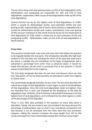 63
The pie chart shows that over-grazing makes up 35% of land degradation while
deforestation and overgrazing are responsible for 32% and 27% of land
degradation, respectively. Other causes of land degradation make up 8% of the
total degradation.
Central America has by far the highest level of land degradation at 13.8%,
which is caused by deforestation (6.2%), over-cultivation (4.9%) and over
grazing (2.3%). Approximately 13% of land in South America is degraded and is
caused by deforestation (6.3%) with smaller contributions from over-grazing
(4.4%) and over-cultivation (2.3%). North America has by far the lowest level of
land degradation at 5.8%, which is mainly due to over-cultivation (3.7%) and
overgrazing (1.8%). Deforestation made up only 0.3% of land degradation in
North America.
Essay notes
This question includes both a pie chart and a bar chart that allows the question
to be logically divided into two parts. The introduction describes the high level
content of the two data sets including the forms of the data (pie chart and a
bar chart), a suitable title, the breakdown of the types of degradation and is
presented in percentage form rather than as absolute values. It should be
noted that because the pie chart is presented first in the question it should
always be described first in the response.
The first body paragraph describes the pie chart and because there are only
four data points, all can be listed and they are described in order from highest
to lowest value.
The second body paragraph describes the bar chart. The bar chart describes the
overall percentage of land degradation in each region as well as the breakdown
of that degradation. Since the total land degradation totals are highest, they
are described first in each case followed by the breakdown of the data by
degradation type. Similarly, Central America is described first because it has the
highest level of land degradation, and is followed by the other regions in order
of the percentage of land degraded.
There is very little data provided in the question so every data point is
described. Initially, the last sentence was not included in the essay because the
percentage of deforestation was so small it was considered unimportant and
also because it can be calculated from the other data that was presented.
However, adding this sentence increases the essay length from 155 to 166
words ensuring that it more comfortably exceeds the minimum essay length.
 