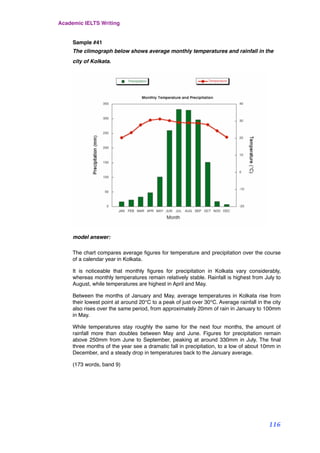 Sample #41
The climograph below shows average monthly temperatures and rainfall in the
city of Kolkata.
model answer:
The chart compares average ﬁgures for temperature and precipitation over the course
of a calendar year in Kolkata.
It is noticeable that monthly ﬁgures for precipitation in Kolkata vary considerably,
whereas monthly temperatures remain relatively stable. Rainfall is highest from July to
August, while temperatures are highest in April and May.
Between the months of January and May, average temperatures in Kolkata rise from
their lowest point at around 20°C to a peak of just over 30°C. Average rainfall in the city
also rises over the same period, from approximately 20mm of rain in January to 100mm
in May.
While temperatures stay roughly the same for the next four months, the amount of
rainfall more than doubles between May and June. Figures for precipitation remain
above 250mm from June to September, peaking at around 330mm in July. The ﬁnal
three months of the year see a dramatic fall in precipitation, to a low of about 10mm in
December, and a steady drop in temperatures back to the January average.
(173 words, band 9)
Academic IELTS Writing
116
 