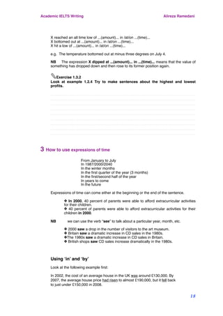 X reached an all time low of ...(amount)... in /at/on ...(time)...
X bottomed out at ...(amount)... in /at/on ...(time)...
X hit a low of ...(amount)... in /at/on ...(time)...
e.g. The temperature bottomed out at minus three degrees on July 4.
NB The expression X dipped at ...(amount)... in ...(time)... means that the value of
something has dropped down and then rose to its former position again.
✎Exercise 1.3.2
Look at example 1.2.4 Try to make sentences about the highest and lowest
proﬁts.
...........................................................................................................................................
...........................................................................................................................................
...........................................................................................................................................
...........................................................................................................................................
...........................................................................................................................................
...........................................................................................................................................
...........................................................................................................................................
...........................................................................................................................................
...........................................................................................................................................
3 How to use expressions of time
! !
! ! From January to July
! ! In 1987/2000/2040
! ! In the winter months
! ! In the ﬁrst quarter of the year (3 months)
! ! In the ﬁrst/second half of the year
! ! In years to come
! ! In the future
Expressions of time can come either at the beginning or the end of the sentence.
✤ In 2000, 40 percent of parents were able to afford extracurricular activities
for their children.
✤ 40 percent of parents were able to afford extracurricular activities for their
children in 2000.
NB! we can use the verb “see” to talk about a particular year, month, etc.
✤ 2000 saw a drop in the number of visitors to the art museum.
✤ Britain saw a dramatic increase in CD sales in the 1980s.
✤The 1980s saw a dramatic increase in CD sales in Britain.
✤ British shops saw CD sales increase dramatically in the 1980s.
Using ‘in’ and ‘by’
Look at the following example ﬁrst:
In 2002, the cost of an average house in the UK was around £130,000. By
2007, the average house price had risen to almost £190,000, but it fell back
to just under £150,000 in 2008.
Academic IELTS Writing Alireza Ramedani
18
 
