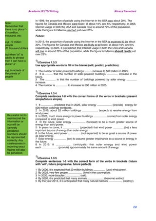 In 1999, the proportion of people using the Internet in the USA was about 20%. The
ﬁgures for Canada and Mexico were lower, at about 10% and 5% respectively. In 2005,
Internet usage in both the USA and Canada rose to around 70% of the population,
while the ﬁgure for Mexico reached just over 25%.
Future:
In 2015, the proportion of people using the Internet in the USA is expected to be about
20%. The ﬁgures for Canada and Mexico are likely to be lower, at about 10% and 5%
respectively. In 2025, it is predicted that Internet usage in both the USA and Canada
will rise to around 70% of the population, while the ﬁgure for Mexico should reach just
over 25%.
✎Exercise 1.3.3
Use appropriate words to ﬁll in the blanks (will, predict, prediction).
1 The number of solar-powered buildings .......... increase to 500 million in 2025.
2 It is .......... that the number of solar-powered buildings ............... increase in the
future.
3 The .............. is that the number of buildings powered by solar energy ..............
increase.
4 The number is ................ to increase to 500 million in 2025.
✎Exercise 1.3.4
Complete sentences 1-8 with the correct forms of the verbs in brackets (present
simple/future simple).
1 It ................. predicted that in 2025, solar energy .................... (provide) energy for
500 million buildings worldwide.
2 In 2015, about 25 million buildings ...................... (expect) to receive energy from
wind power.
3 In 2025, much more energy to power buildings .................. (come) from solar energy
compared to wind power.
4 In the future, solar energy .................. (forecast) to be a much greater source of
energy than wind power.
5 In years to come, it ...................... (projected) that wind power ...............(be) a less
important source of energy than solar energy.
6 In the future, wind power ................. (not expected) to be as great a source of power
as solar energy.
7 Solar energy ................. (set) to assume greater importance as a source of energy in
the future.
8 In 2015, it ................... (anticipate) that solar energy and wind power
each ...................... (provide) approximately the same amount of energy.
✎Exercise 1.3.5
Complete sentences 1-5 with the correct form of the verbs in brackets (future
with ‘will’, future progressive, future perfect).
1 By 2020, it is expected that 20 million buildings ................ (use) wind power.
2 By 2025, very few people ................... (live) in the countryside.
3 In 2020, more bicycles .................... (sell).
4 By 2020, it is predicted that many animals ...................... (become) extinct.
5 By the year 2015, it is anticipated that many natural habitats ................... (destroy).
Academic IELTS Writing Alireza Ramedani
20
Be careful not to
misinterpret the
information or
you will be
severely
penalized.
Numbers should
be represented
correctly. Any
carelessness in
reporting exact
ﬁgures will also
be penalized.
Note:
Remember that
there is no plural ‘-
s’ in million,
thousand, etc:
e.g. 10 million
people
20 thousand dollars
but when “of” is
added to phrase
then it can have a
plural ‘-s’:
e.g. hundreds of
thousands of
people
 
