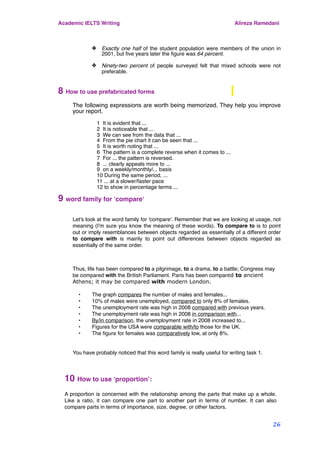 ✤ Exactly one half of the student population were members of the union in
2001, but ﬁve years later the ﬁgure was 64 percent.
✤ Ninety-two percent of people surveyed felt that mixed schools were not
preferable.
8 How to use prefabricated forms
The following expressions are worth being memorized. They help you improve
your report.
! 1 It is evident that ...
! 2 It is noticeable that ...
! 3 We can see from the data that ...
! 4 From the pie chart it can be seen that ...
! 5 It is worth noting that ...
! 6 The pattern is a complete reverse when it comes to ...
! 7 For ... the pattern is reversed.
! 8 ... clearly appeals more to ...
! 9 on a weekly/monthly/... basis
! 10 During the same period, ...
! 11 ... at a slower/faster pace
! 12 to show in percentage terms ...
!
9 word family for ‘compare‘
Let's look at the word family for 'compare'. Remember that we are looking at usage, not
meaning (I'm sure you know the meaning of these words). To compare to is to point
out or imply resemblances between objects regarded as essentially of a different order
to compare with is mainly to point out differences between objects regarded as
essentially of the same order.
Thus, life has been compared to a pilgrimage, to a drama, to a battle; Congress may
be compared with the British Parliament. Paris has been compared to ancient
Athens; it may be compared with modern London.
• The graph compares the number of males and females...
• 10% of males were unemployed, compared to only 8% of females.
• The unemployment rate was high in 2008 compared with previous years.
• The unemployment rate was high in 2008 in comparison with...
• By/in comparison, the unemployment rate in 2008 increased to...
• Figures for the USA were comparable with/to those for the UK.
• The ﬁgure for females was comparatively low, at only 8%.
You have probably noticed that this word family is really useful for writing task 1.
10 How to use ‘proportion’:
A proportion is concerned with the relationship among the parts that make up a whole.
Like a ratio, it can compare one part to another part in terms of number. It can also
compare parts in terms of importance, size, degree, or other factors.
Academic IELTS Writing Alireza Ramedani
26
 