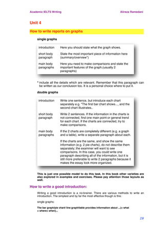 Unit 4
How to write reports on graphs
single graphs
introduction Here you should state what the graph shows.
short body
paragraph
State the most important piece of information here
(summary/overview*)
main body
paragraphs
Here you need to make comparisons and state the
important features of the graph.(usually 2
paragraphs)
* include all the details which are relevant. Remember that this paragraph can
be written as our conclusion too. It is a personal choice where to put it.
double graphs
introduction Write one sentence, but introduce each chart
separately e.g. "The ﬁrst bar chart shows..., and the
second chart illustrates..
short body
paragraph
Write 2 sentences. If the information in the charts is
not connected, ﬁnd one main point or general trend
for each chart. If the charts are connected, try to
make comparisons.
main body
paragraphs
If the 2 charts are completely different (e.g. a graph
and a table), write a separate paragraph about each.
If the charts are the same, and show the same
information (e.g. 2 pie charts), do not describe them
separately; the examiner will want to see
comparisons. In this case, you could write one
paragraph describing all of the information, but it is
still more preferable to write 2 paragraphs because it
makes the essay look more organized.
This is just one possible model to do this task. In this book other varieties are
also explored in examples and exercises. Please pay attention those layouts as
well.
How to write a good introduction:
Writing a good introduction is a no-brainer. There are various methods to write an
introduction. The simplest and by far the most effective though is this:
single graphs:
The bar graph/pie chart/ line graph/table provides information about ...(+ what
+ where+ when)...
Academic IELTS Writing Alireza Ramedani
28
 