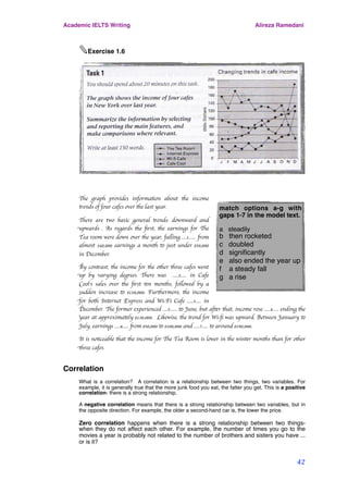 ✎Exercise 1.6
The graph provides information about the income
trends of four cafes over the last year.
There are two basic general trends: downward and
upwards . As regards the ﬁrst, the earnings for The
Tea room were down over the year, falling ....1...... from
almost 160,000 earnings a month to just under $50,000
in December.
By contrast, the income for the other three cafes went
up by varying degrees. There was .....2..... in Cafe
Cool’s sales over the ﬁrst ten months, followed by a
sudden increase to $120,000. Furthermore, the income
for both Internet Express and Wi-Fi Cafe .....3..... in
December. The former experienced ....5...... to June, but after that, income rose .....4..... ending the
year at approximately $130,000. Likewise, the trend for Wi-ﬁ was upward. Between January to
July, earnings .....6..... from $50,000 to $100,000 and .....7..... to around $190,000.
It is noticeable that the income for The Tea Room is lower in the winter months than for other
three cafes.
Correlation"
What is a correlation? A correlation is a relationship between two things, two variables. For
example, it is generally true that the more junk food you eat, the fatter you get. This is a positive
correlation- there is a strong relationship.
A negative correlation means that there is a strong relationship between two variables, but in
the opposite direction. For example, the older a second-hand car is, the lower the price.
Zero correlation happens when there is a strong relationship between two things-
when they do not affect each other. For example, the number of times you go to the
movies a year is probably not related to the number of brothers and sisters you have ...
or is it?
match options a-g with
gaps 1-7 in the model text.
a steadily
b then rocketed
c doubled
d significantly
e also ended the year up
f a steady fall
g a rise
Academic IELTS Writing Alireza Ramedani
42
 