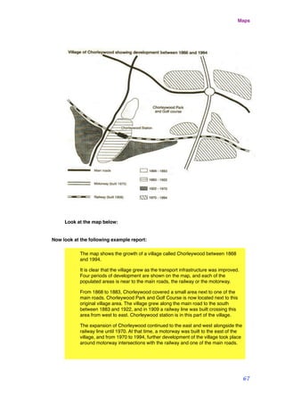 Look at the map below:
Now look at the following example report:
The map shows the growth of a village called Chorleywood between 1868
and 1994.
It is clear that the village grew as the transport infrastructure was improved.
Four periods of development are shown on the map, and each of the
populated areas is near to the main roads, the railway or the motorway.
From 1868 to 1883, Chorleywood covered a small area next to one of the
main roads. Chorleywood Park and Golf Course is now located next to this
original village area. The village grew along the main road to the south
between 1883 and 1922, and in 1909 a railway line was built crossing this
area from west to east. Chorleywood station is in this part of the village.
The expansion of Chorleywood continued to the east and west alongside the
railway line until 1970. At that time, a motorway was built to the east of the
village, and from 1970 to 1994, further development of the village took place
around motorway intersections with the railway and one of the main roads.
Maps
67
 