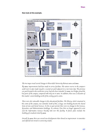 Now look at this example.
The two maps reveal several changes to Riversdale University Between 1973 and 2010.
By 2010, improvements had been made to service facilities. The nature reserve in the campus’s
south west in 1973 made way for a second car park adjacent to a new tram stop. The previous
car park located in the north-east corner had also been extended. In 2010, two bridges joined the
two parts of the campus, compared with only one in 1973. In addition, there was a relocation of
the student union building north of the existing sports centre.
There were also noticeable changes to the educational facilities. The library, which remained in
the centre of the campus, was extended. South of this, a large, new building became the shared
home of Law and Social Sciences. In the 37-year period, there were no changes to the Sciences,
Economics and Administration buildings. In contrast, Fine Arts no longer appeared to exist
and the Information Sciences Faculty took over this facility. A future plan includes the
building of a medical school by 2019.
Overall, by 2010, there was several new developments that showed an improvement to amenities
and reﬂected new trends in university studies.
Maps
69
 