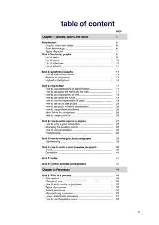 table of content
page
Chapter 1: graphs, charts and tables 5
Introduction
Graphs, charts and tables ..........................................................
Basic terminology .......................................................................
Types of graphs ..........................................................................
Unit 1:Diachronic graphs
List of verbs .................................................................................
List of nouns.................................................................................
List of adjectives...........................................................................
List of adverbs .............................................................................
6
6
6
7
9
9
10
10
11
Unit 2: Synchronic Graphs
How to make comparisons .........................................................
Adverbs in comparison ...............................................................
Highest or the highest .................................................................
14
14
15
16
Unit 3: How to Use
How to use expressions of approximation .................................
How to talk about the highs and the lows ..................................
How to use expressions of time .................................................
How to talk about the future ........................................................
How to use the expressions of future .........................................
How to talk about age groups .....................................................
How to talk about numbers and statistics ...................................
How to use prefabricated forms .................................................
Word family for comparison ........................................................
How to use proportions ...............................................................
17
17
17
18
19
19
22
23
25
26
26
Unit 4: How to write reports on graphs
How to write a good introduction..................................................
Changing the question prompt ....................................................
How to use percentages..............................................................
Paraphrasing...............................................................................
27
27
28
32
32
Unit 5: How to write good body paragraphs
Synthesizing ...............................................................................
33
33
Unit 6: How to write a good overview paragraph
Trend .........................................................................................
Correlation .................................................................................
38
39
40
Unit 7: tables 41
Unit 8: Further Samples and Exercises 45
Chapter 2: Processes 48
Unit 9: What is a process...............................................................
Enumeration................................................................................
Clauses of time............................................................................
How to write reports on processes ..............................................
Types of processes......................................................................
Natural processes........................................................................
Manufacturing processes.............................................................
Linear and circular processes.....................................................
How to use the passive voice.......................................................
49
49
50
52
52
52
53
57
59
3
 